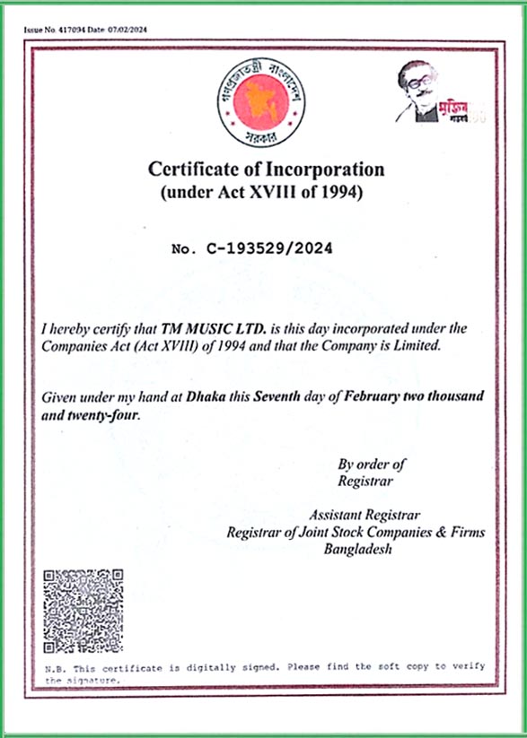 Certificate of Incorporation TM Music Ltd